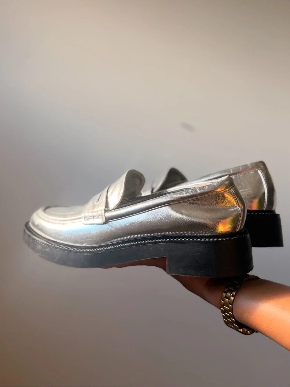 Zara Metallic Silver Penny Loafers with Black Platform